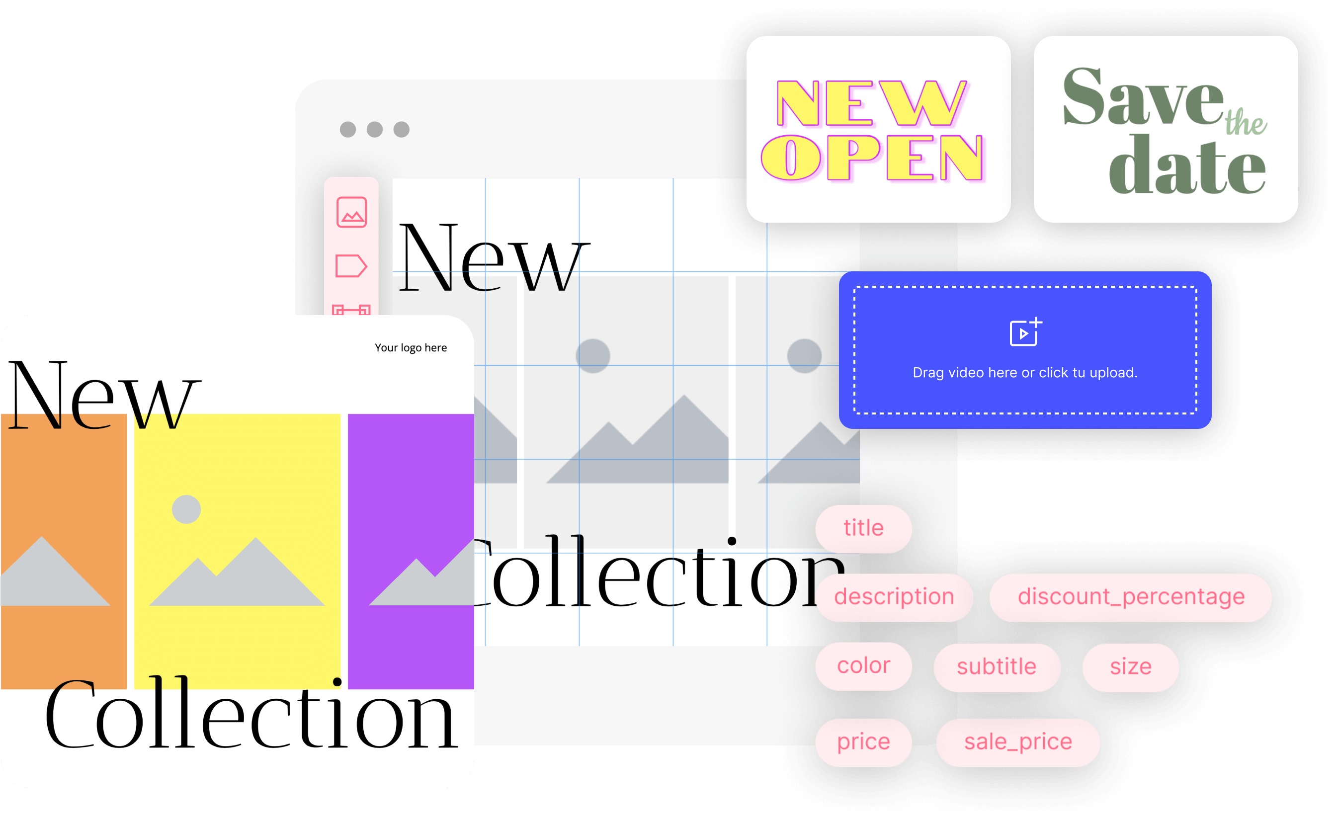 Content design interface for social media displaying a new collection, with editing tools, attribute tags such as title, price, and color, and graphic elements