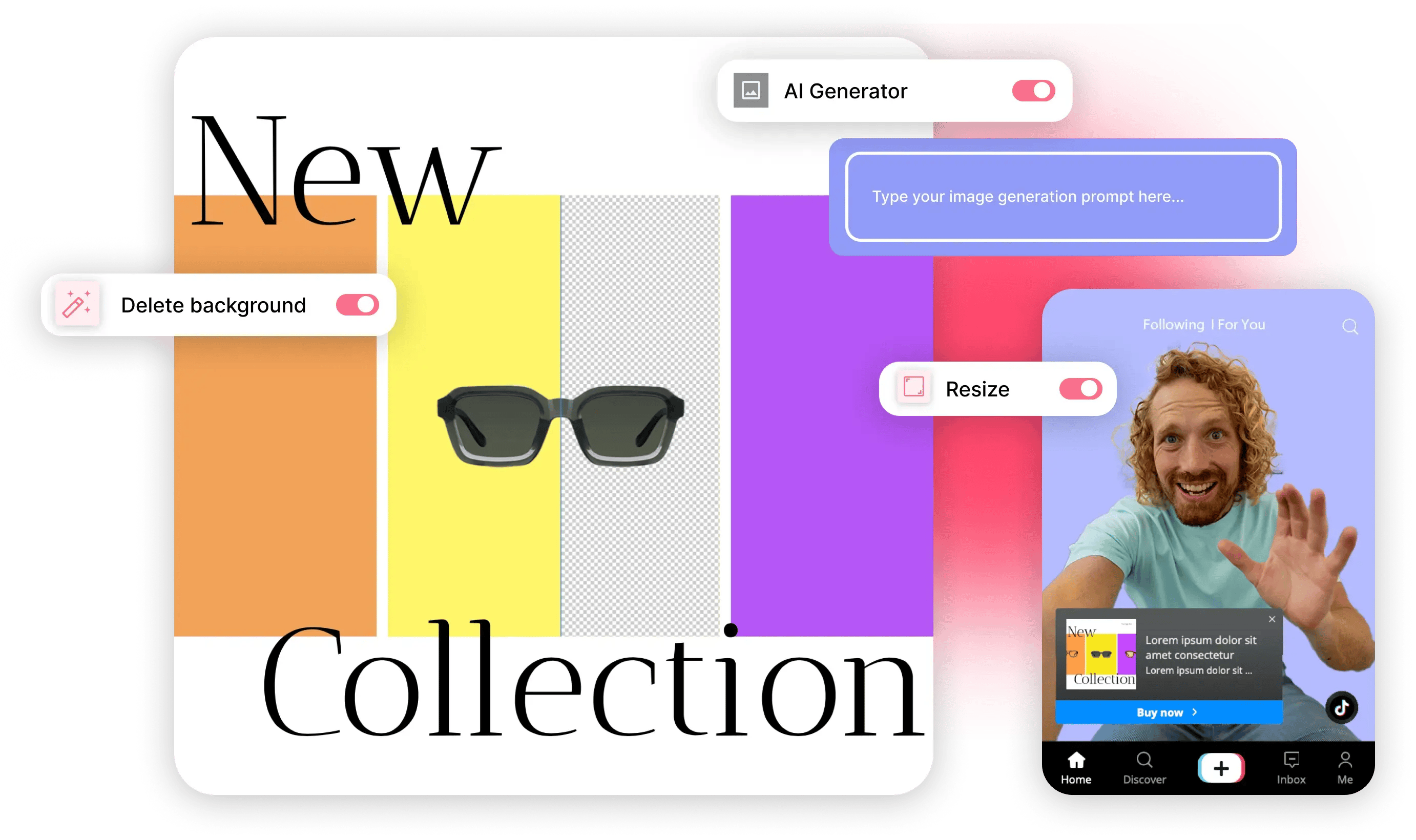 Mockup of a social media design result, showcasing the option to generate images with artificial intelligence and how the ad would appear on social media